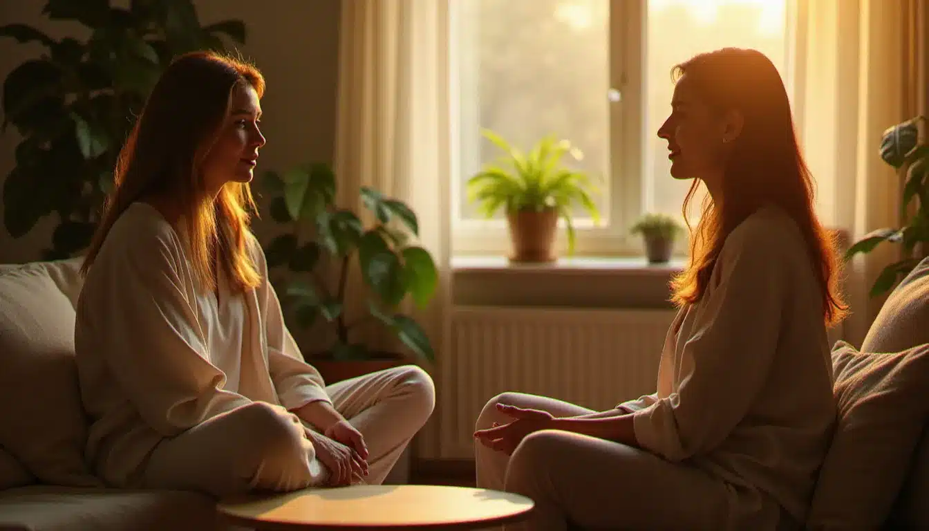 Séance de coaching spirituel en face-à-face entre une guide spirituelle et sa cliente dans un espace bienveillant et chaleureux, illustrant l'accompagnement personnalisé d'un coach spirituel
