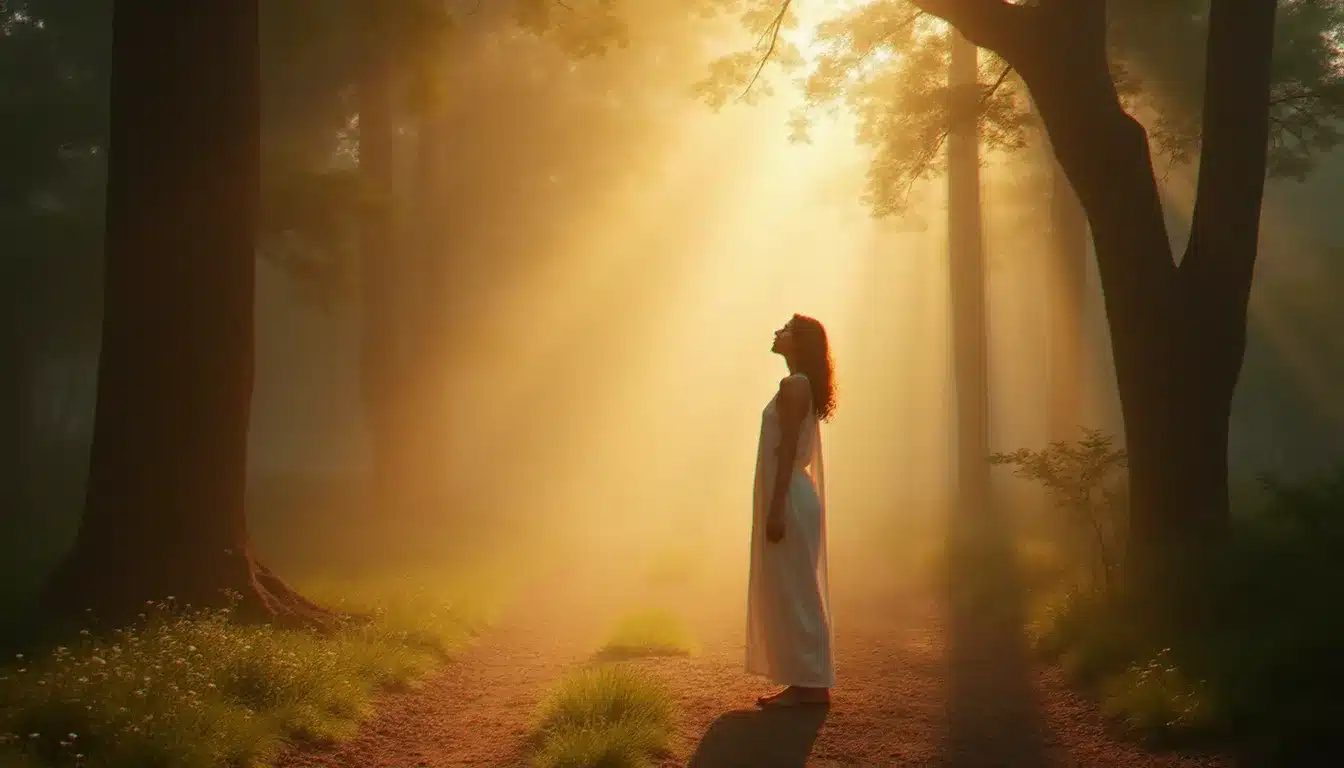 Femme seule dans une forêt brumeuse à l'aube, dans une posture d'ouverture intérieure symbolisant la quête de sens et l'éveil accompagné par le coaching spirituel