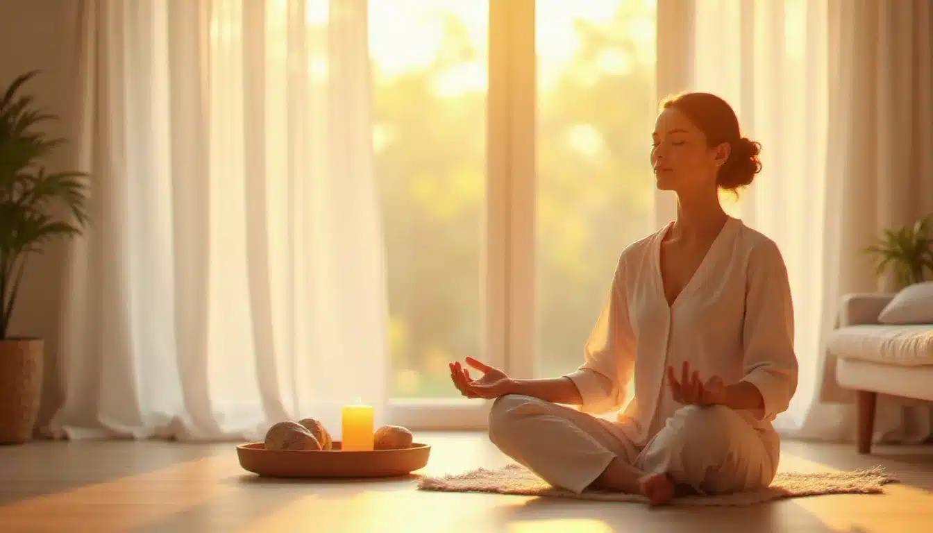Femme en méditation profonde lors d'une séance de coaching spirituel dans une pièce lumineuse et apaisante, entourée de cristaux et d'une bougie allumée