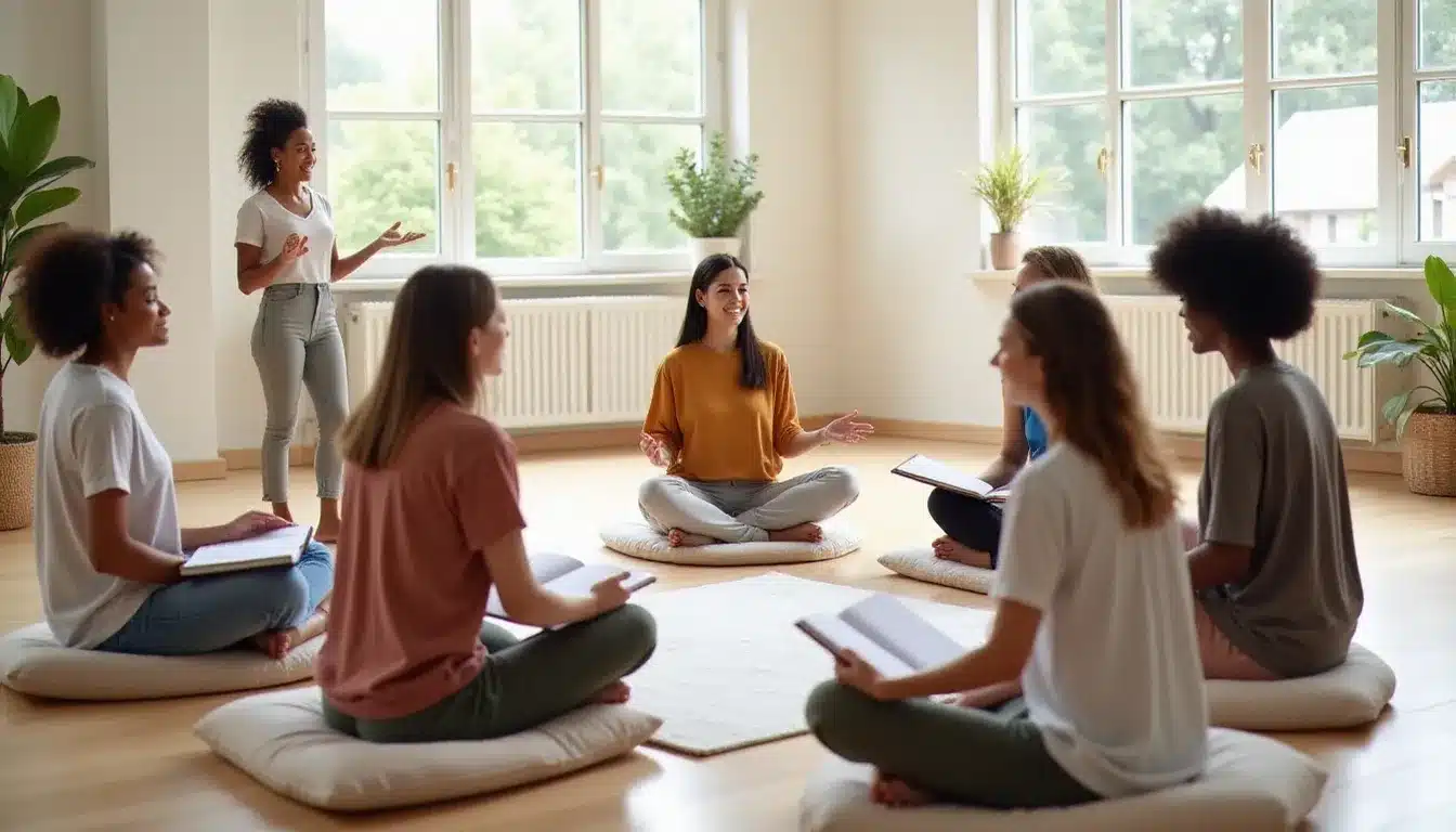 Groupe de participants en formation coaching spirituel lors d'un atelier pratique en cercle avec une formatrice