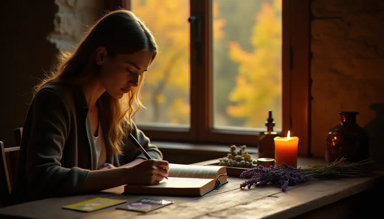 Femme pratiquant l'écriture introspective et le travail sur soi dans le cadre d'une formation en coaching spirituel