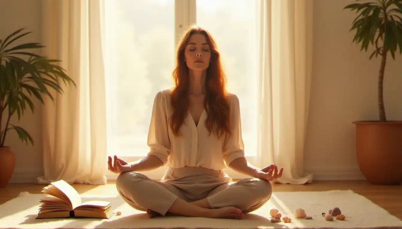 Coach spirituelle en méditation dans un espace lumineux à Lyon, illustrant la pratique du coaching spirituel formation