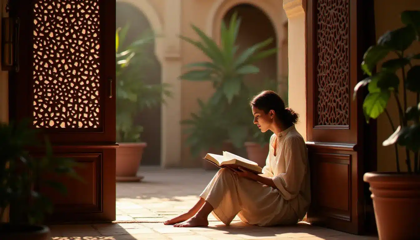 Une femme marocaine lisant un livre dans le patio lumineux d'un riad de Casablanca, dans une atmosphère intime et contemplative évoquant la profondeur littéraire des éditions le fennec