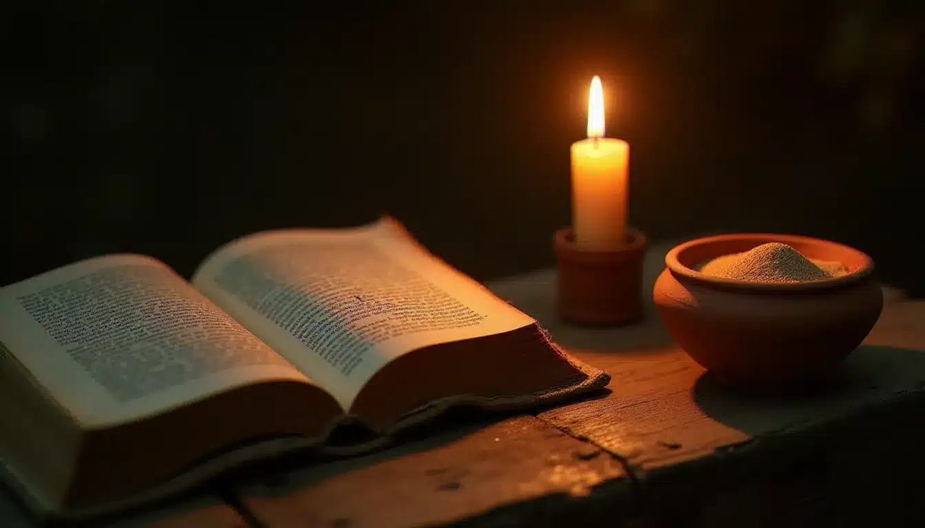 Un livre ouvert à la lumière d'une bougie sur une table ancienne, accompagné d'un bol de sable saharien, évoquant la symbolique spirituelle du fennec et la méditation littéraire propre aux éditions le fennec