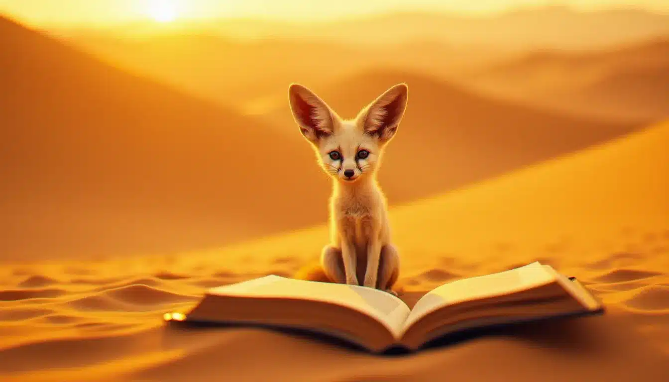 Un fennec aux grandes oreilles dorées posé sur des dunes du Sahara au lever du soleil, entouré de livres ouverts dans le sable, évoquant l'univers des éditions le fennec et leur quête littéraire