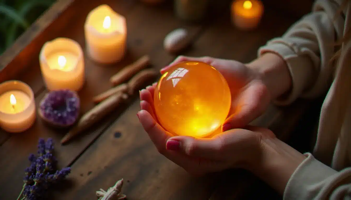 Mains féminines tenant une sphère de cristal lumineuse sur un autel spirituel orné de bougies et de pierres, symbolisant les rituels de travail vibratoire