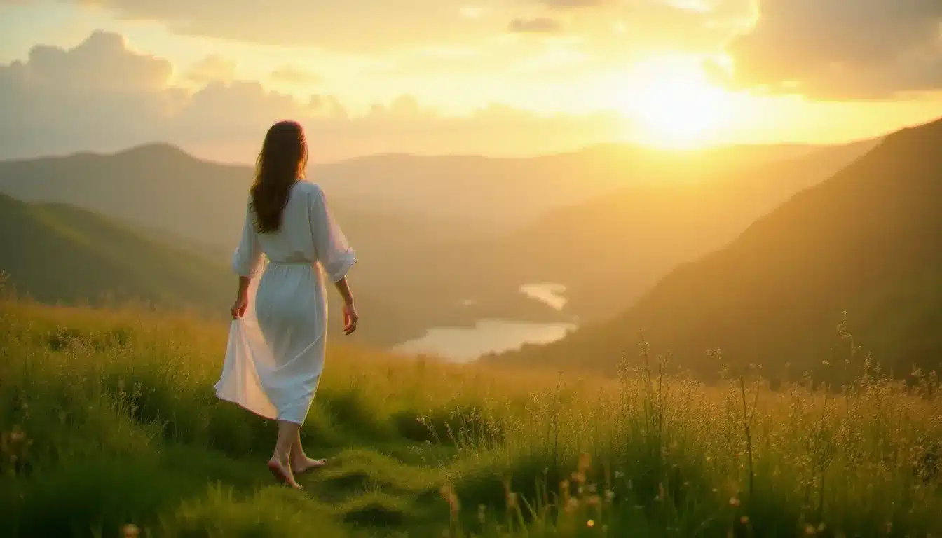 Femme pieds nus dans une prairie brumeuse au lever du soleil, pratiquant le grounding dans la nature pour ancrer et favoriser sa montée vibratoire quotidienne