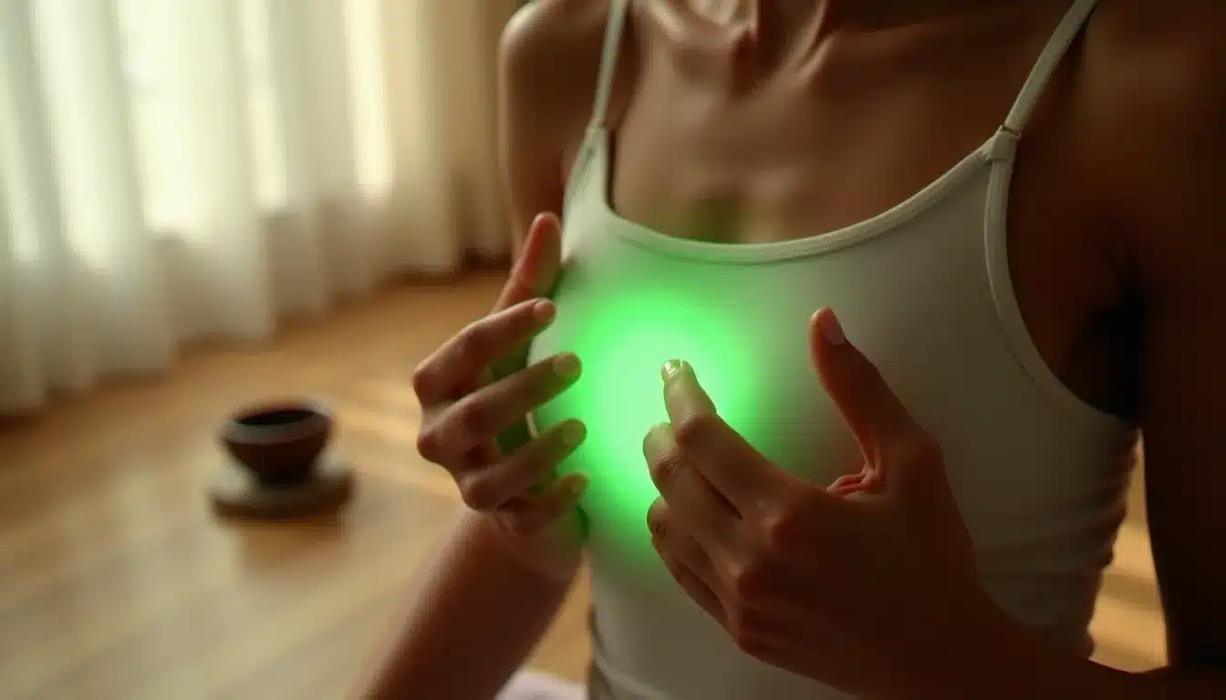 Mains posées sur le chakra cœur d'une femme en méditation intérieure, lumière verte douce rayonnant de la poitrine, illustrant les manifestations corporelles ressenties lors de la montée vibratoire de la terre