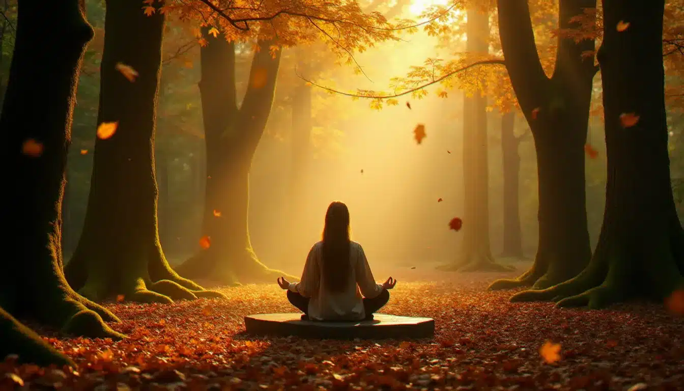 Personne méditant en forêt automnale entourée de feuilles dorées et d'une lumière mystique sacrée, illustrant l'accompagnement de l'éveil spirituel face à la montée vibratoire de la terre