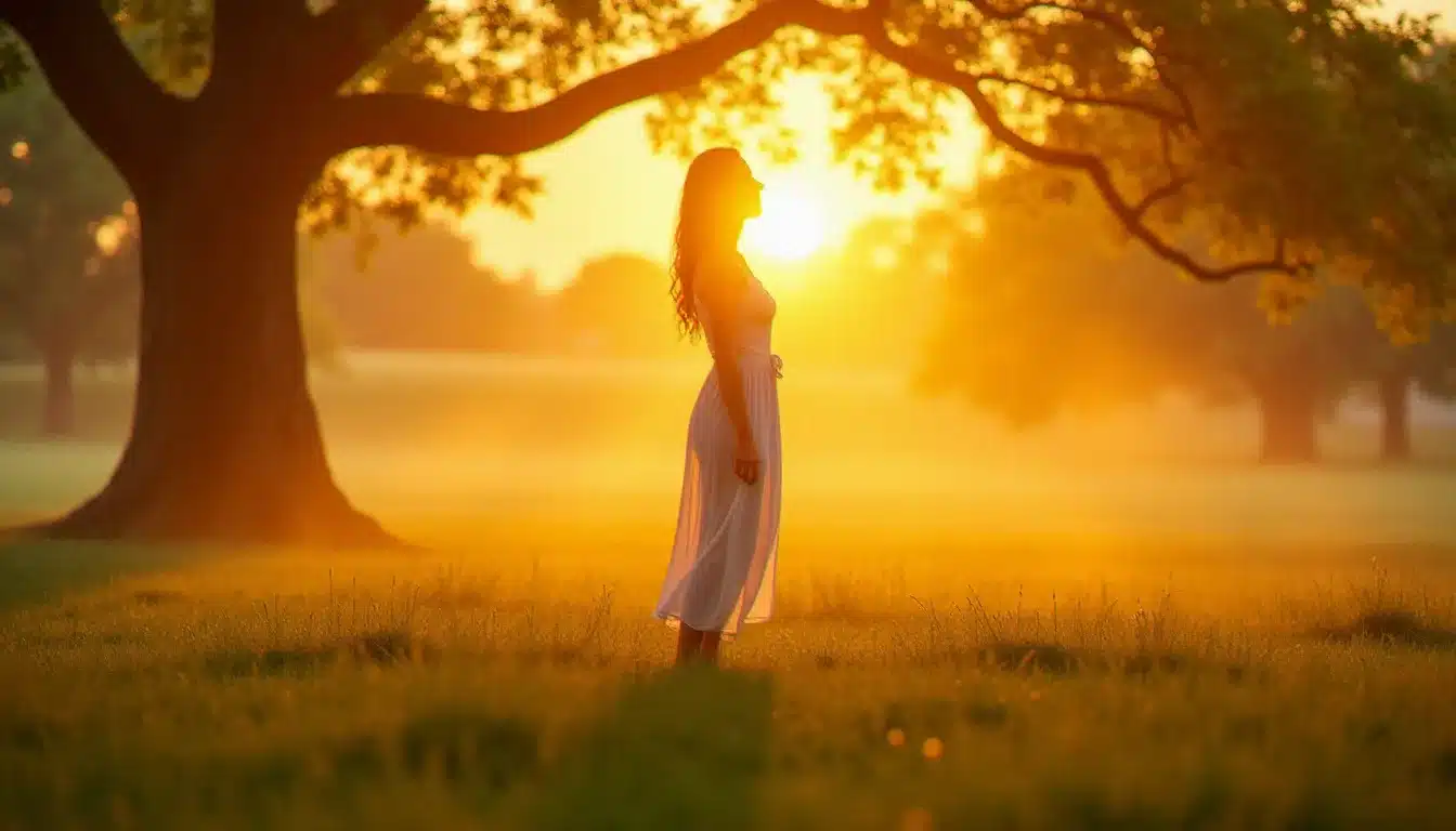 Femme pieds nus sur la terre au lever du soleil, bras ouverts, ressentant la montée vibratoire de la terre à travers une lumière dorée et des ondes d'énergie subtiles montant du sol