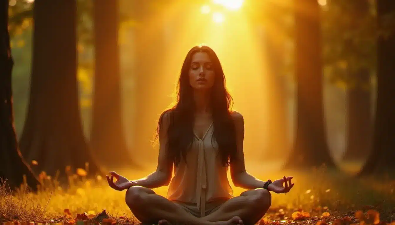 Femme en méditation profonde dans une clairière forestière baignée de lumière dorée, incarnant la sérénité et l'élévation de la montée vibratoire