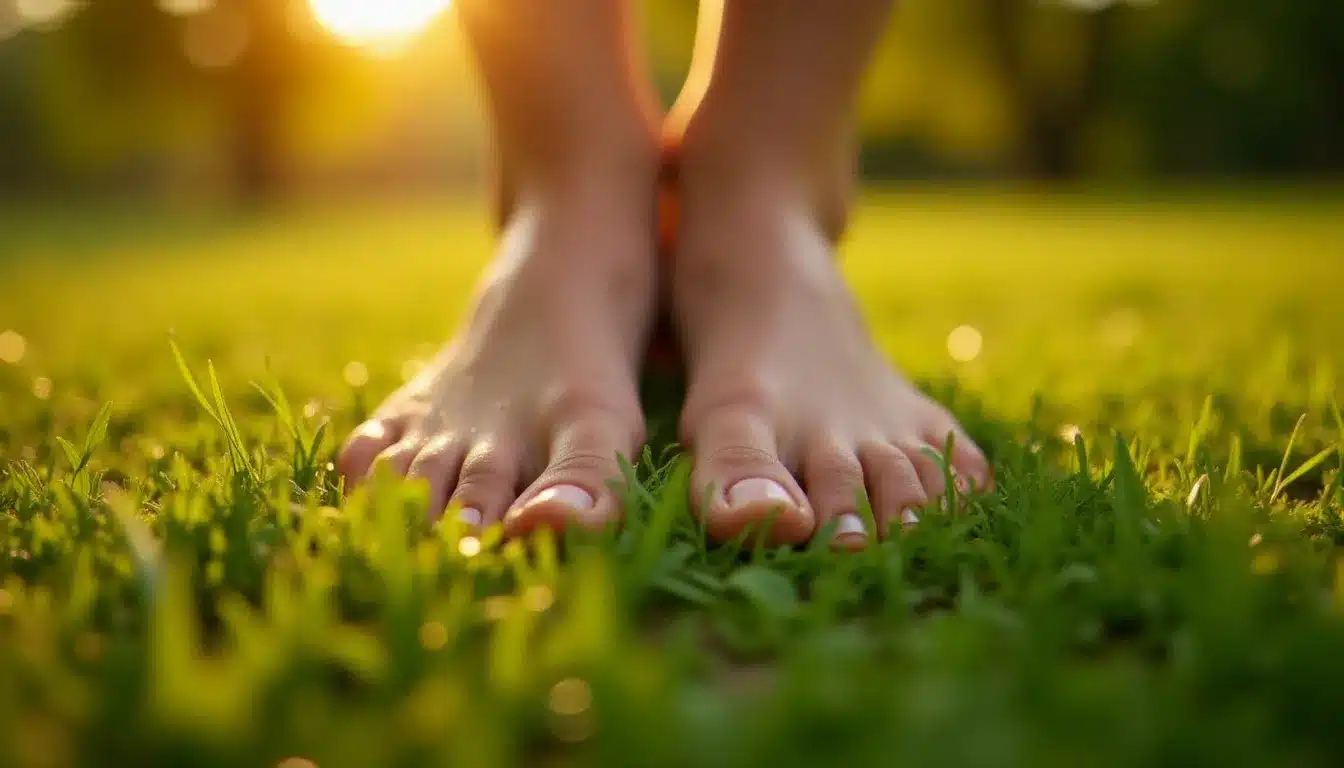 Pieds nus en contact avec l'herbe verte couverte de rosée au petit matin, pratique d'ancrage terrestre recommandée pour traverser les symptômes d'une montée vibratoire