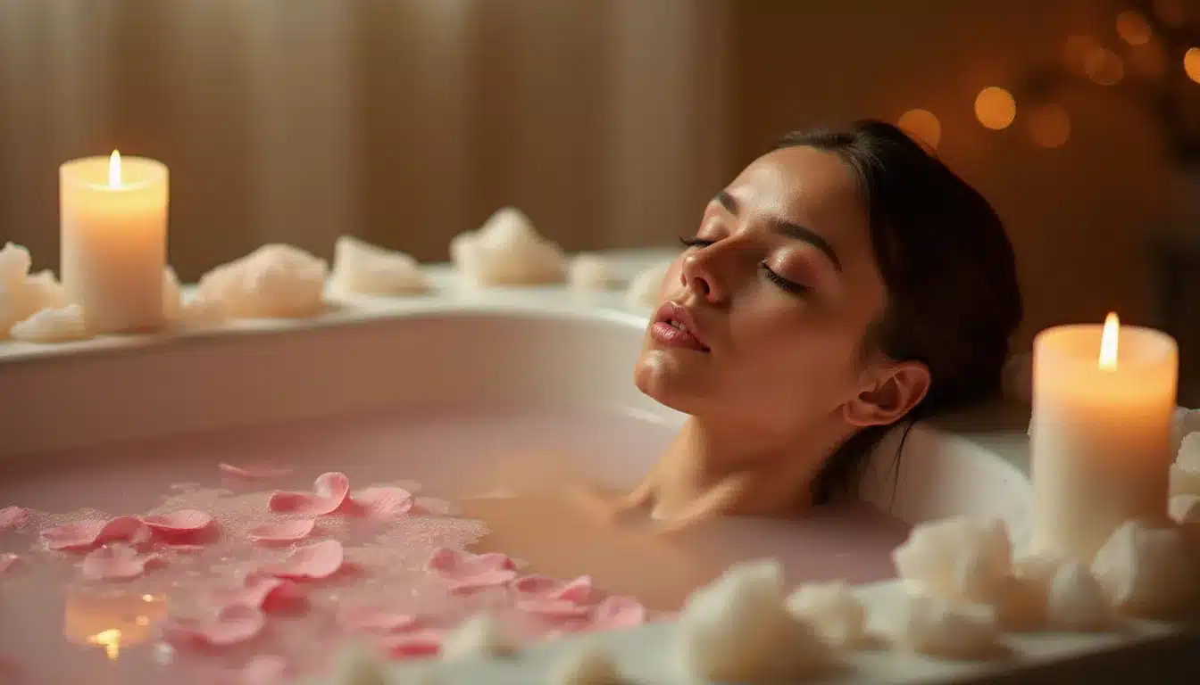 Femme allongée dans un bain rituel aux pétales de roses et sel marin à la lumière des bougies, pratique de purification énergétique pour accompagner une montée vibratoire intense