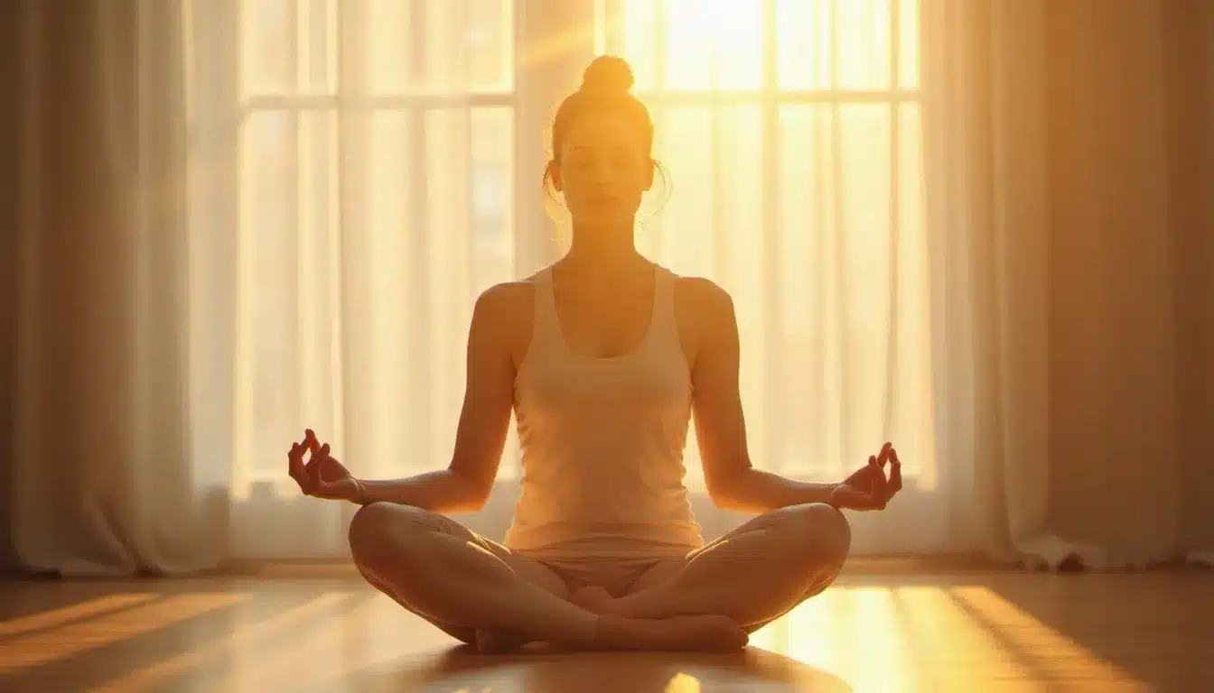 Femme en méditation profonde baignée de lumière dorée matinale, illustrant les symptômes de montée vibratoire et l'éveil de la conscience spirituelle