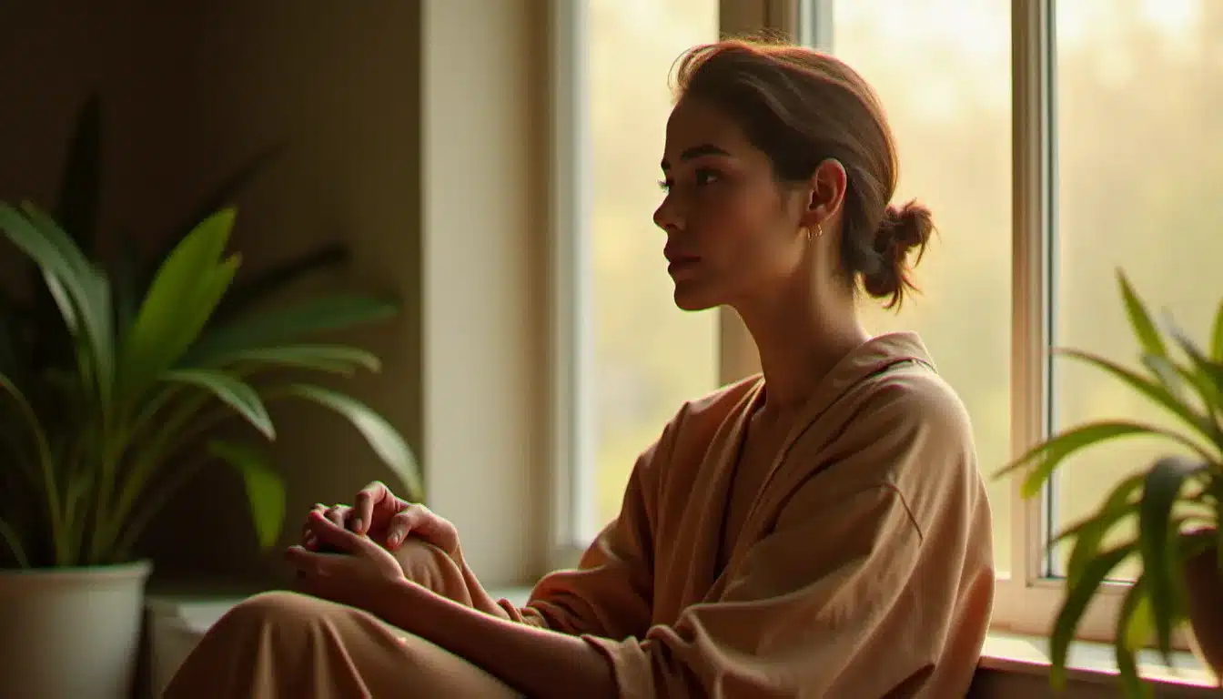 Portrait d'une femme d'origine algérienne en contemplation introspective près d'une fenêtre lumineuse, symbolisant le travail de reconnexion à ses racines et à son identité spirituelle issue d'une naissance à Béjaïa