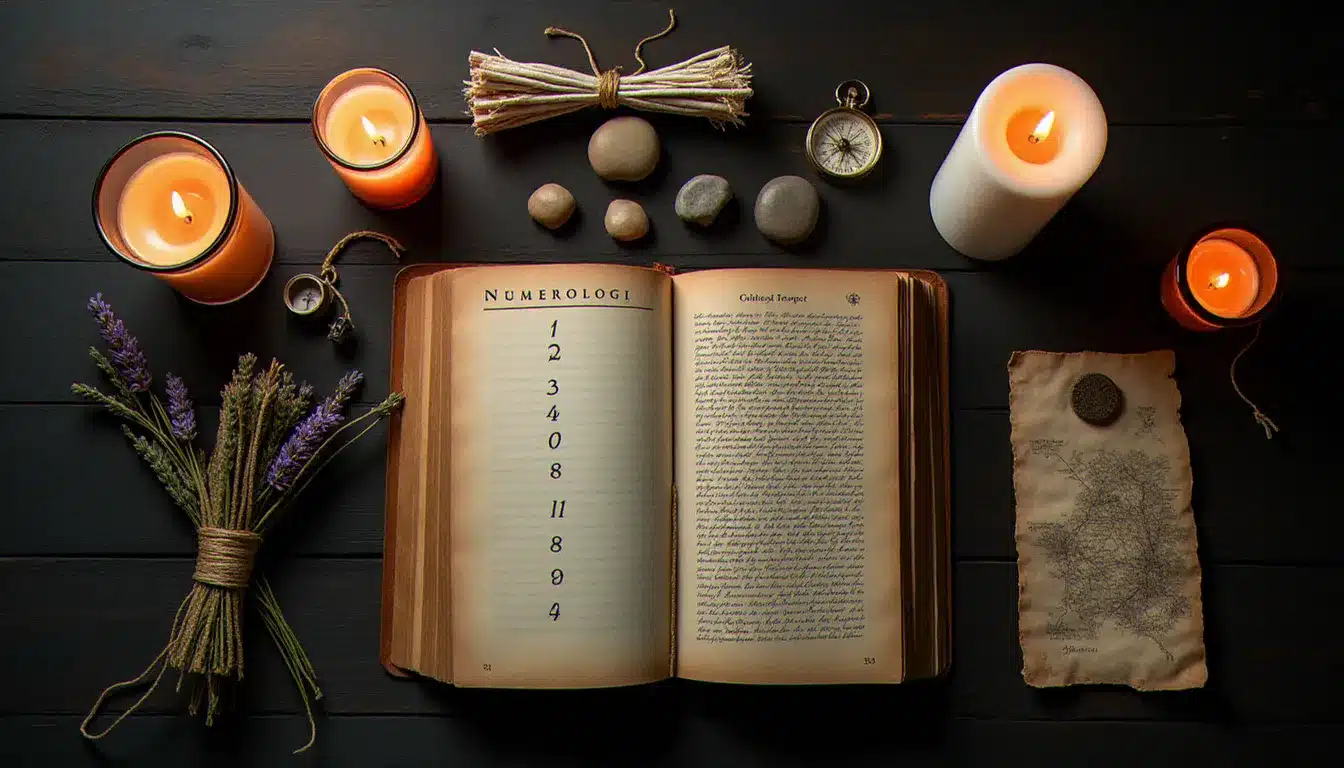 Composition spirituelle de numérologie avec bougie allumée, pierres naturelles, herbes séchées et livre de calculs, illustrant le décodage du destin et du chemin de vie à travers la numérologie liée à une naissance à Béjaïa