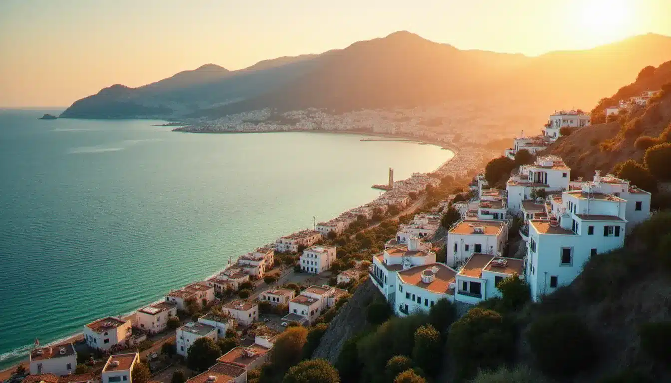 Vue aérienne panoramique de la ville de Béjaïa au coucher du soleil, avec la mer Méditerranée et les montagnes kabyles en arrière-plan, illustrant l'énergie ancestrale et spirituelle d'une naissance à Béjaïa