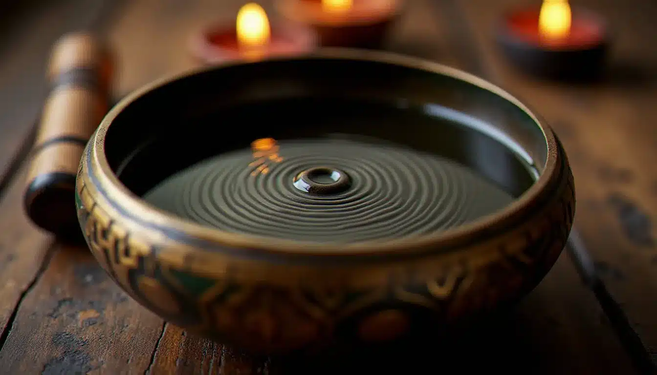 Gros plan d'un bol tibétain artisanal en métal avec gravures traditionnelles et maillet en bois, vibrations visibles dans l'eau à l'intérieur du bol utilisé pour le nettoyage énergétique
