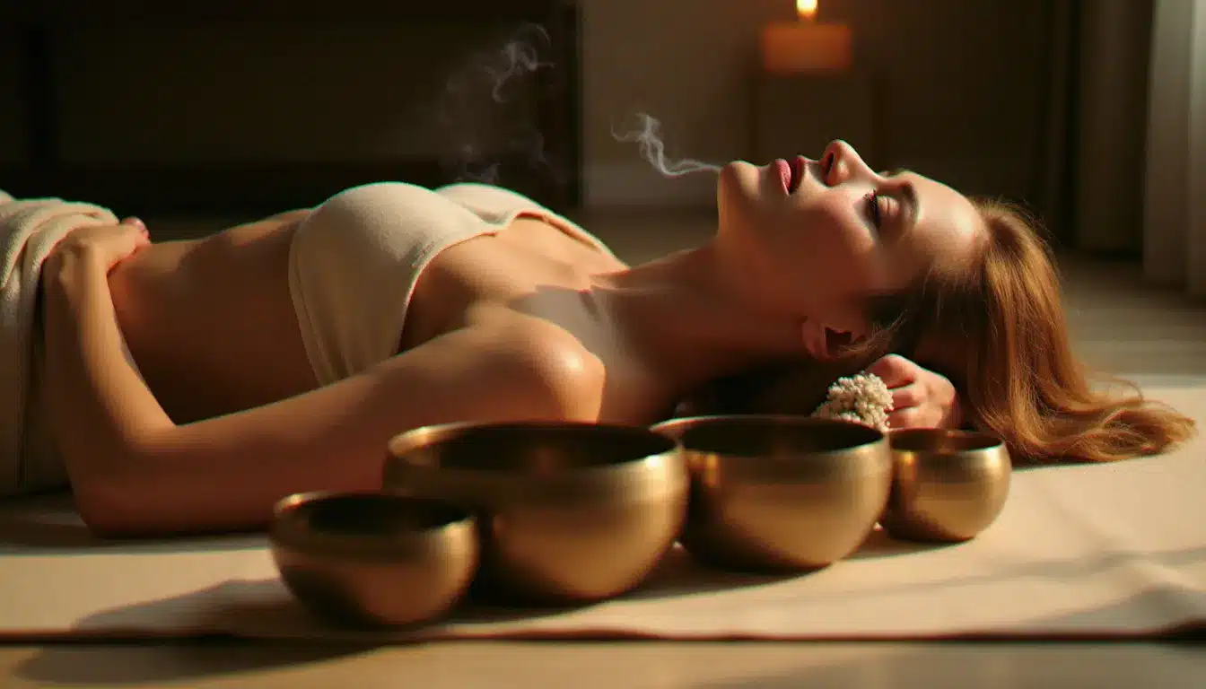 Femme allongée en relaxation profonde avec trois bols tibétains posés sur différents chakras de son corps lors d'une séance de nettoyage énergétique par le son