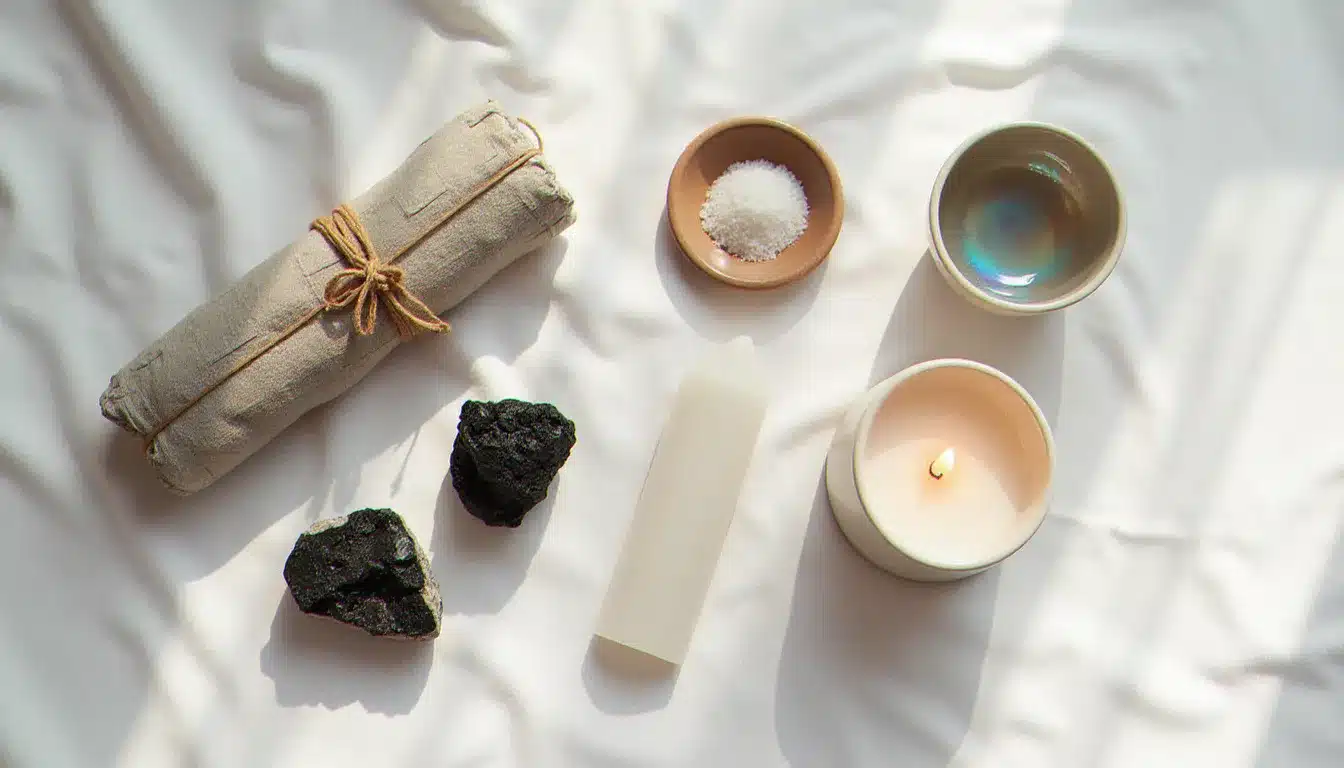 Collection d'outils de nettoyage énergétique des lieux disposés sur tissu blanc : sauge, palo santo, tourmaline noire, sélénite, sel de mer et bougie blanche