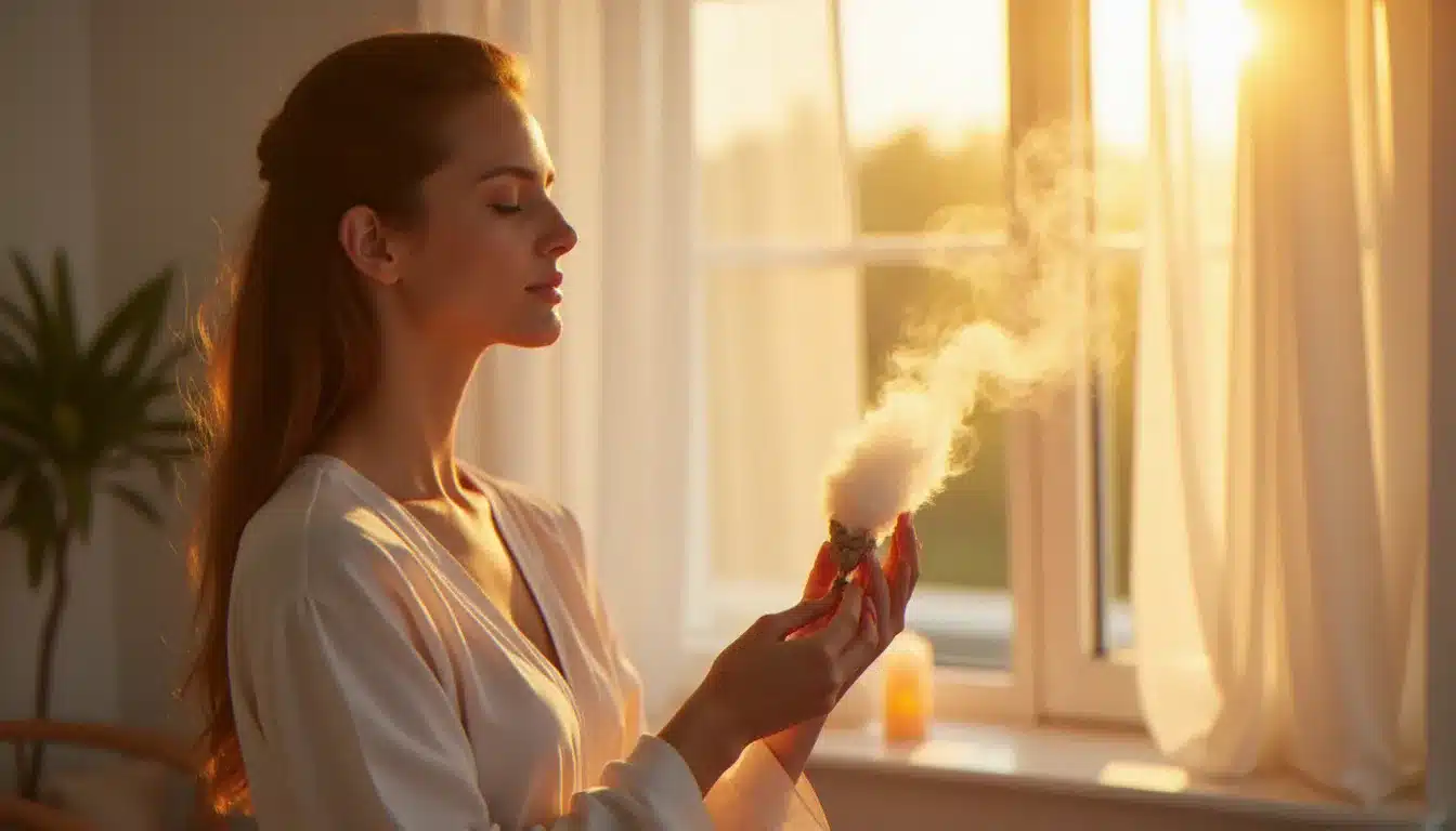 Femme pratiquant un nettoyage énergétique des lieux avec un bâton de sauge blanche dans un salon baigné de lumière dorée