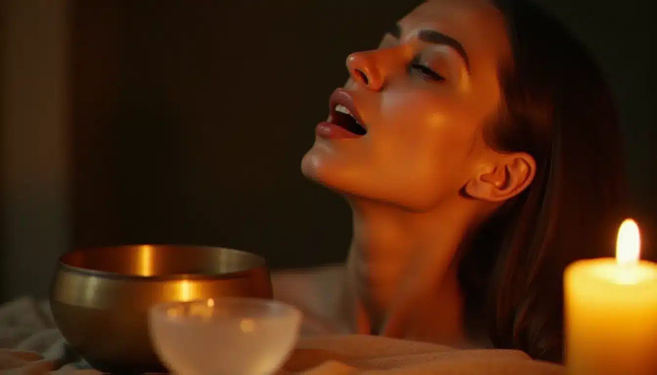 Gros plan sur une femme chantant un mantra avec des bols tibétains et en cristal posés sur un tissu de lin naturel, illustrant la résonance vibratoire des chants sacrés lors d'un rituel de nettoyage énergétique