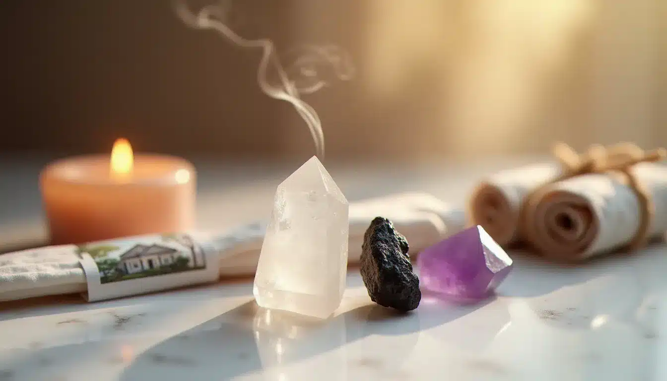 Arrangement de cristaux de guérison sélenite quartz tourmaline et améthyste avec de la sauge en train de brûler, outils utilisés pour le nettoyage énergétique à distance