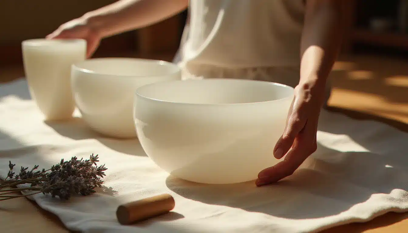 Bols de cristal de quartz posés sur un tissu de lin naturel, instruments utilisés pour les rituels de nettoyage énergétique sonore dans la maison
