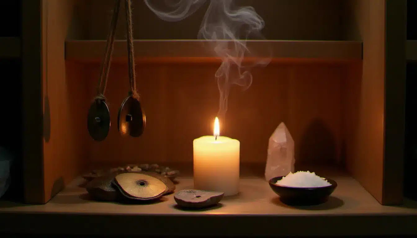 Espace sacré domestique avec cloche tingsha, sel de mer et bougie blanche pour un rituel de purification énergétique et nettoyage sonore de la maison