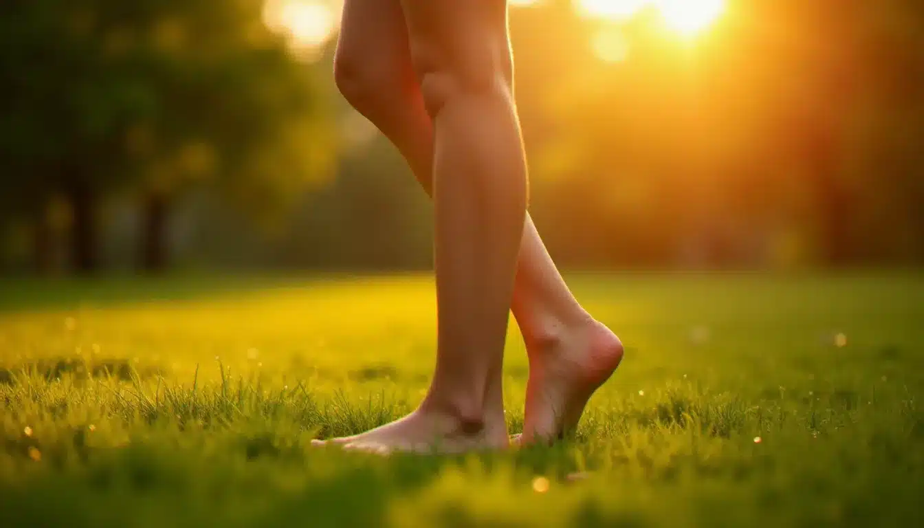 Femme pieds nus dans l'herbe verte au coucher du soleil, bras légèrement écartés, pratiquant l'ancrage à la Terre comme technique de nettoyage énergétique sur soi