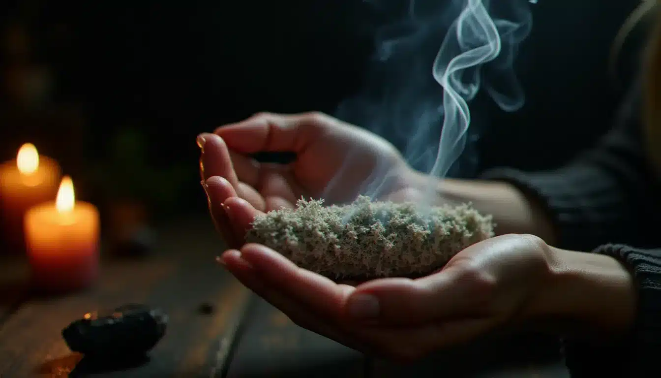 Mains féminines tenant un bâton de sauge blanche allumé avec la fumée montant en volutes dans une pièce sombre éclairée à la bougie, rituel de smudging pour le nettoyage énergétique sur soi