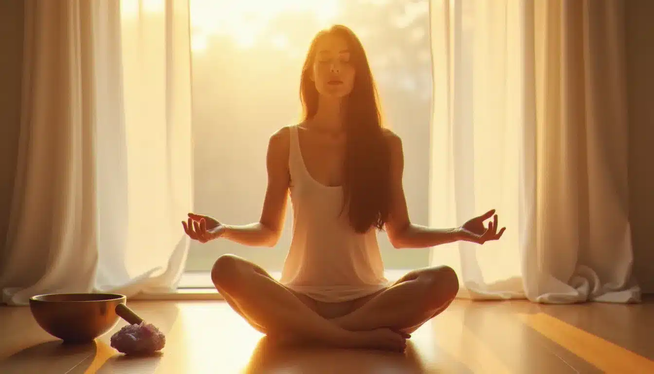 Femme pratiquant un nettoyage énergétique sur soi en méditation assise sur le sol, entourée de cristaux d'améthyste et d'un bol chantant dans une pièce baignée de lumière dorée matinale