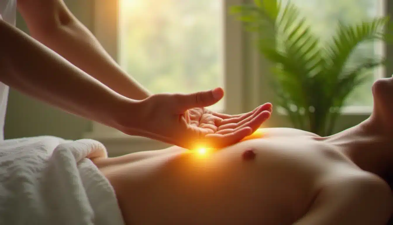 Gros plan sur les mains lumineuses d'une thérapeute travaillant sur le champ énergétique d'une cliente lors d'une séance de nettoyage aurique et de rééquilibrage des chakras