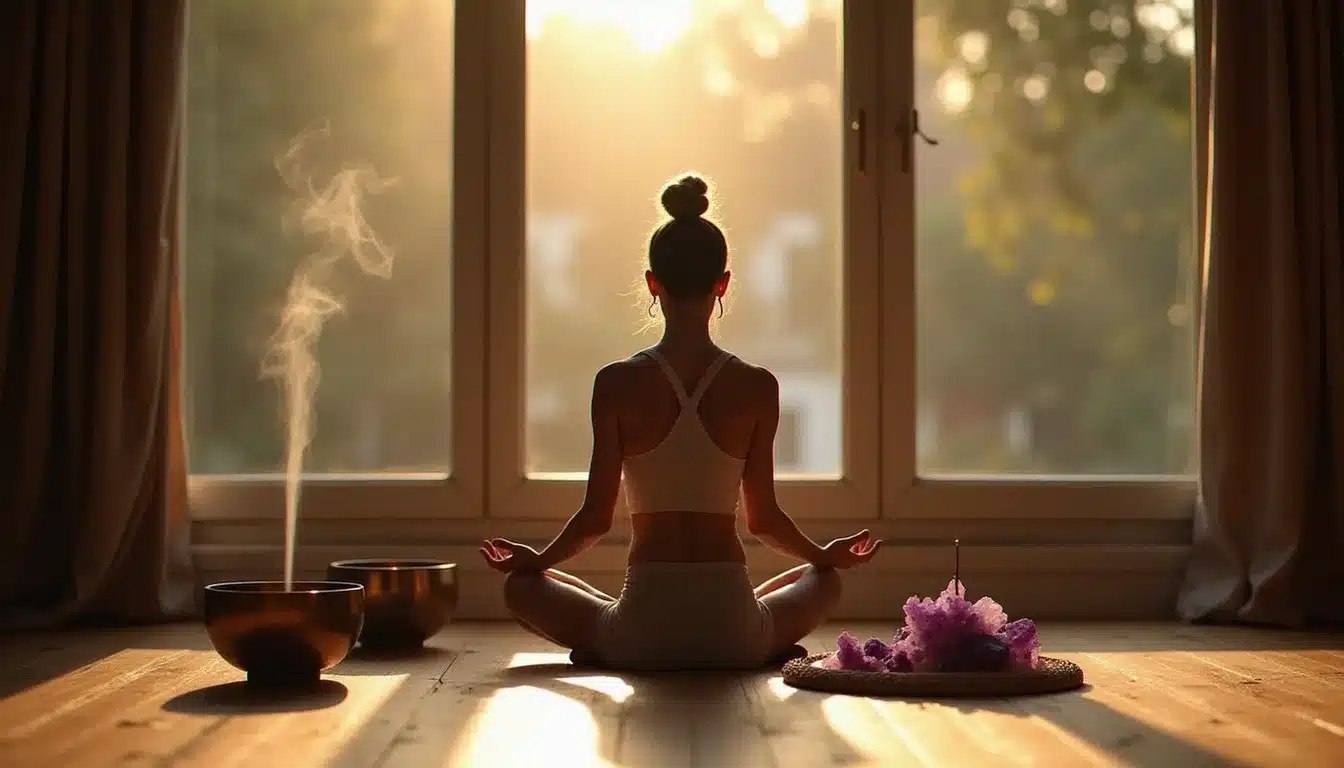 Femme méditant sereinement entourée de bols chantants tibétains, de cristaux d'améthyste et d'un bâton de palo santo allumé, pratiquant son rituel de nettoyage énergétique quotidien à domicile