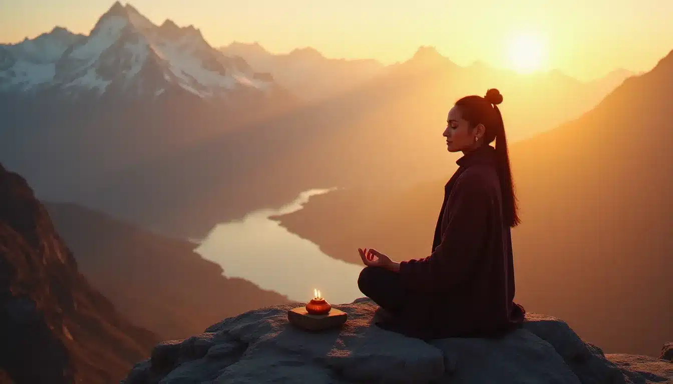 Femme en méditation sur un plateau himalayen enveloppé de brume au lever du soleil, incarnant la transformation intérieure profonde du nettoyage énergétique tibétain