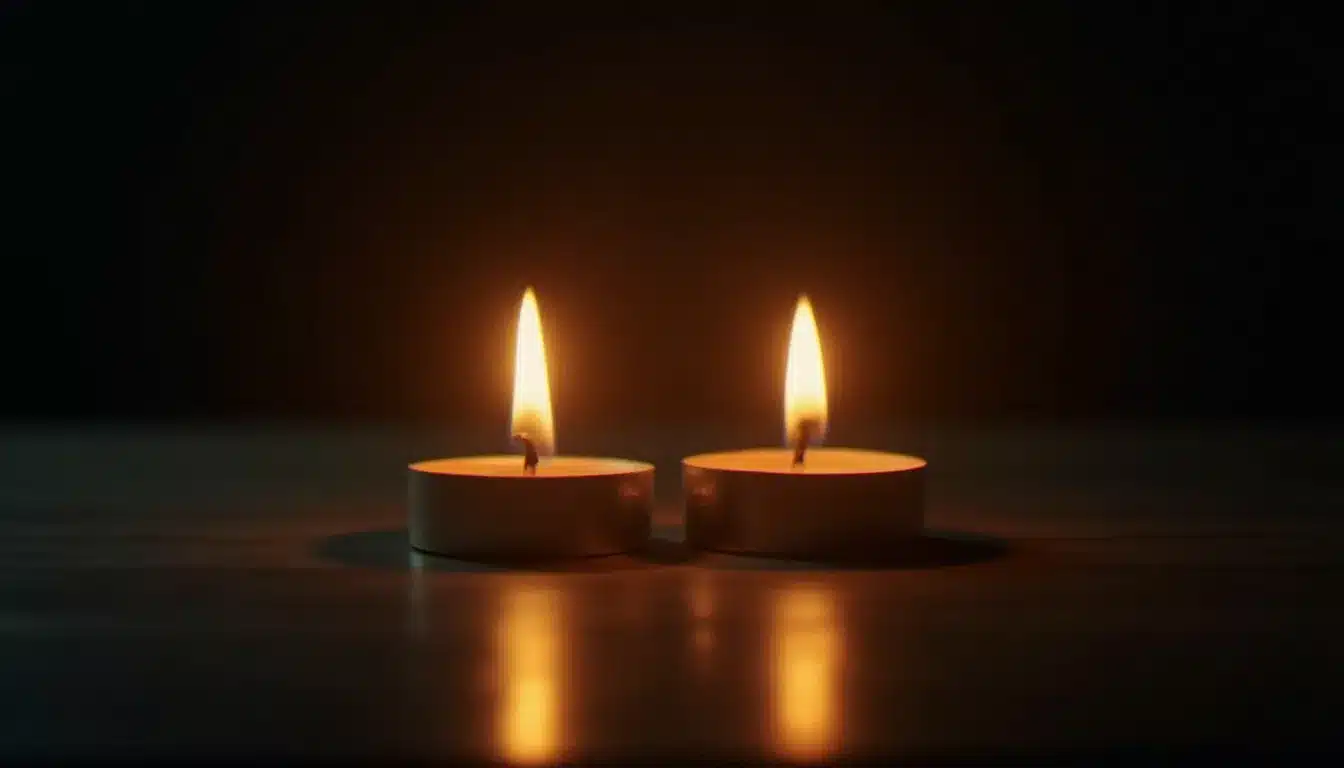 Deux flammes de bougies se penchant l'une vers l'autre sans se toucher, métaphore visuelle de deux flammes jumelles en période de séparation et d'attraction mutuelle