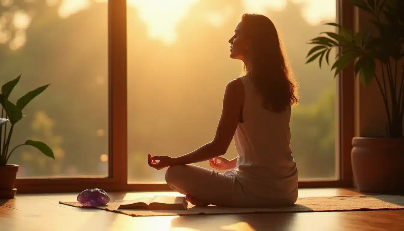 Femme en méditation au lever du soleil avec journal et cristal, pratiquant les rituels de connexion intérieure liés à la flamme jumelle