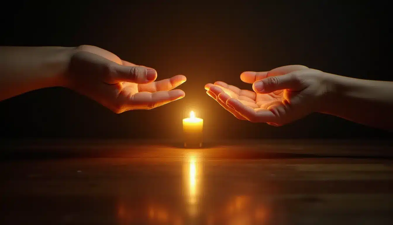 Gros plan de deux mains presque jointes dégageant une énergie lumineuse dorée et violette, représentant les signes énergétiques et vibratoires qui permettent de reconnaitre sa flamme jumelle avant même tout contact physique