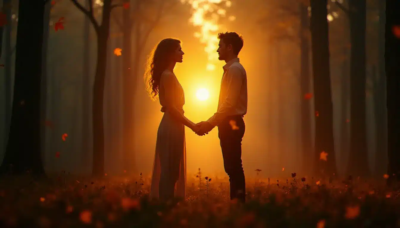 Deux silhouettes lumineuses se faisant face dans une forêt brumeuse au coucher du soleil, reliées par une lumière dorée au niveau du cœur, illustrant la connexion profonde qui permet de reconnaitre sa flamme jumelle