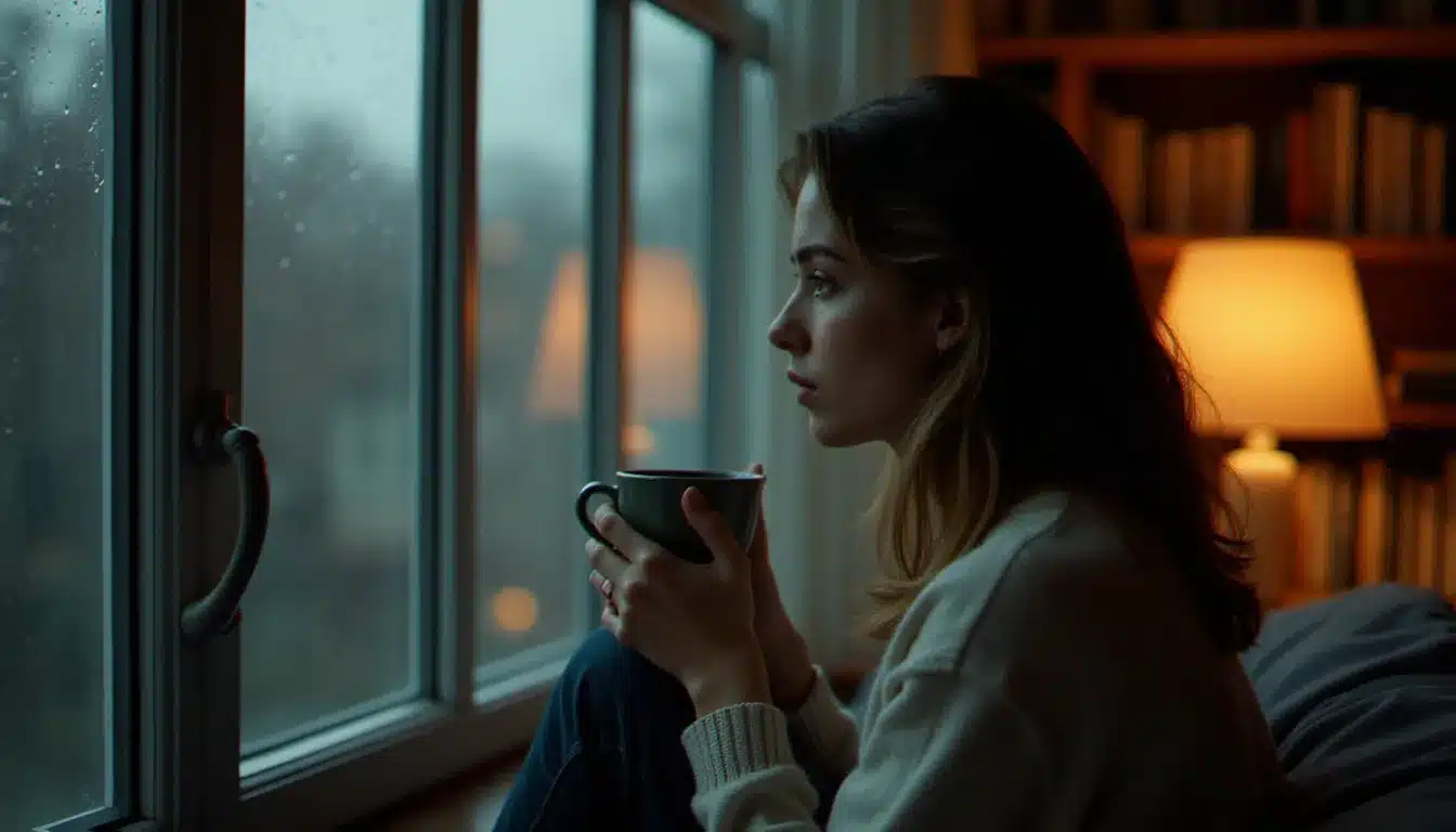 Une femme pensive assise seule près d'une fenêtre sous la pluie, illustrant l'état intérieur du chaser dans la dynamique runner chaser des flammes jumelles