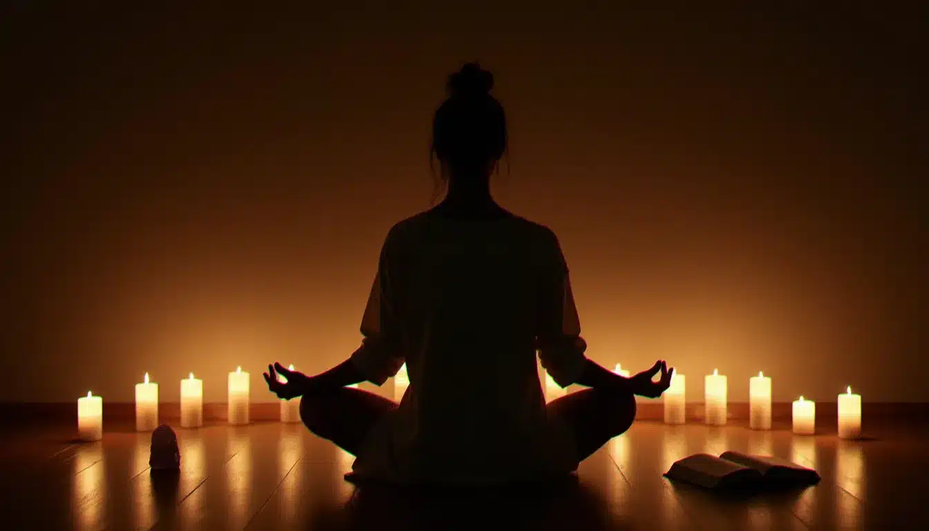 Une personne en méditation entourée de bougies et de cristaux lors d'un rituel spirituel pour accompagner la guérison dans la dynamique des flammes jumelles