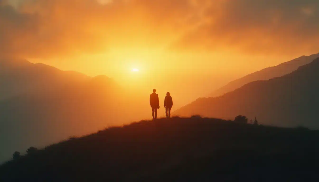 Deux silhouettes séparées sur une crête de montagne brumeuse au coucher du soleil, illustrant la dynamique runner chaser twin flame entre deux flammes jumelles