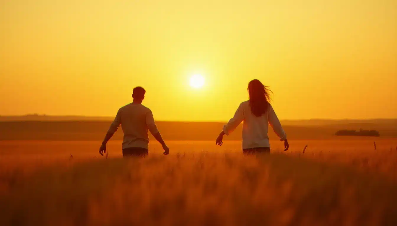 Deux silhouettes séparées dans un champ doré au coucher du soleil, l'une s'éloignant et l'autre regardant partir, illustrant les rôles du runner et du chaser dans la dynamique des flammes jumelles