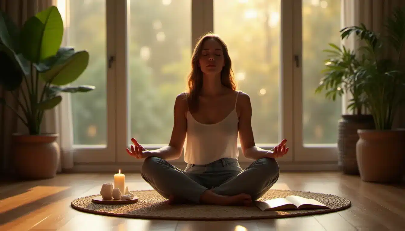 Femme en méditation dans un espace lumineux avec cristaux, bougie et journal ouvert, pratique spirituelle symbolisant la transformation de la douleur du chaser en chemin de guérison dans la dynamique runner chaser meaning