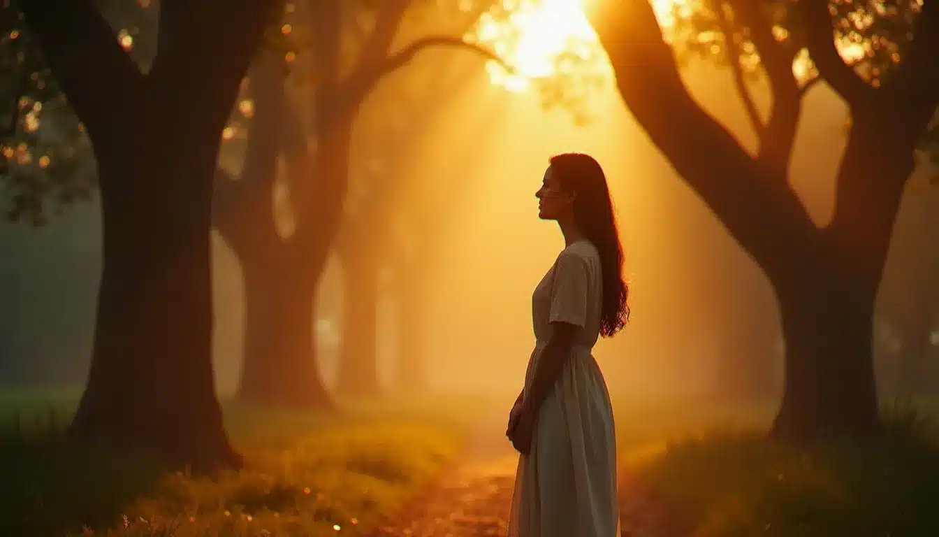 Femme seule au seuil d'un chemin de forêt brumeux à l'aube, illustrant la signification profonde du runner chaser meaning dans le chemin des flammes jumelles