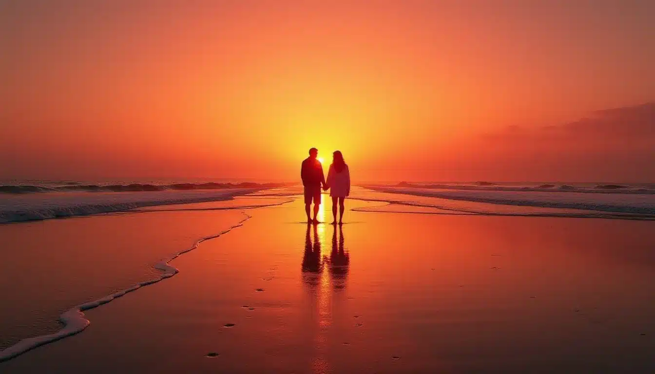 Deux silhouettes séparées face à face sur une plage au coucher du soleil, illustrant la distance émotionnelle caractéristique entre le runner et le chaser dans la phase de fuite et poursuite