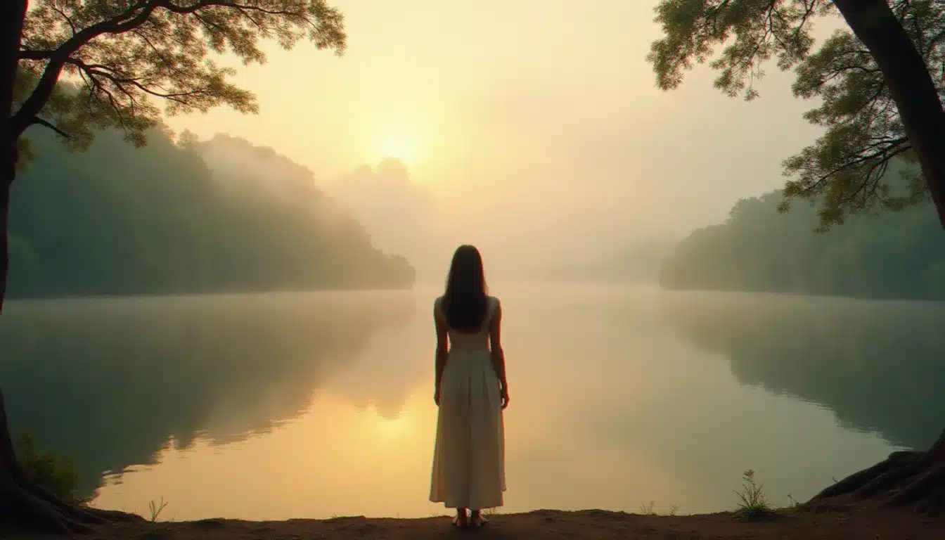 Une femme seule contemplant un lac brumeux à l'aube, symbolisant l'introspection profonde et l'éveil spirituel vécus durant la runner chaser phase des flammes jumelles