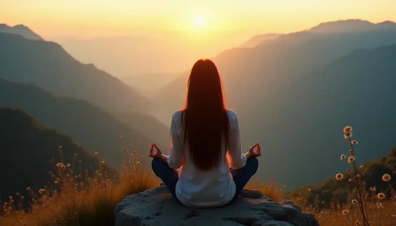 Femme en méditation au bord d'une falaise face aux montagnes brumeuses au lever du soleil, symbolisant le chemin de guérison intérieure de la runner chaser psychology
