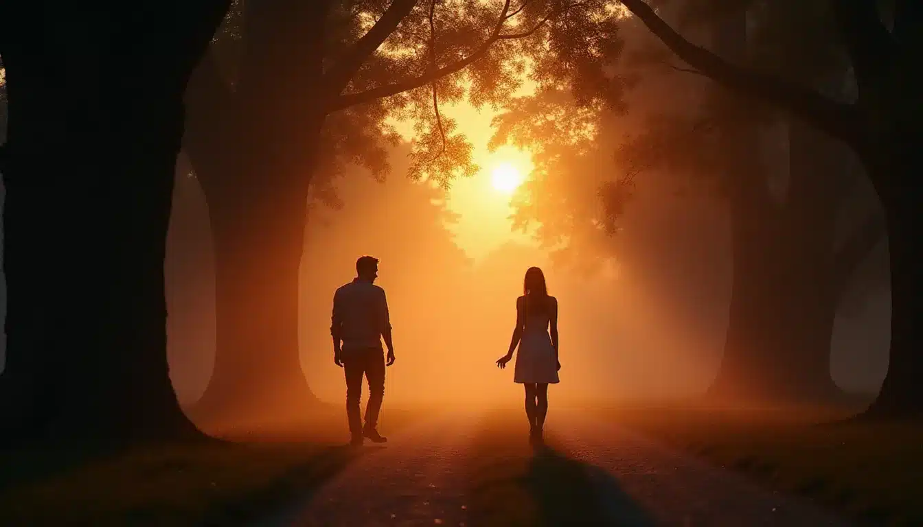 Deux silhouettes à l'opposé d'un chemin forestier brumeux illustrant la runner chaser psychology et la danse de fuite et de poursuite entre flammes jumelles