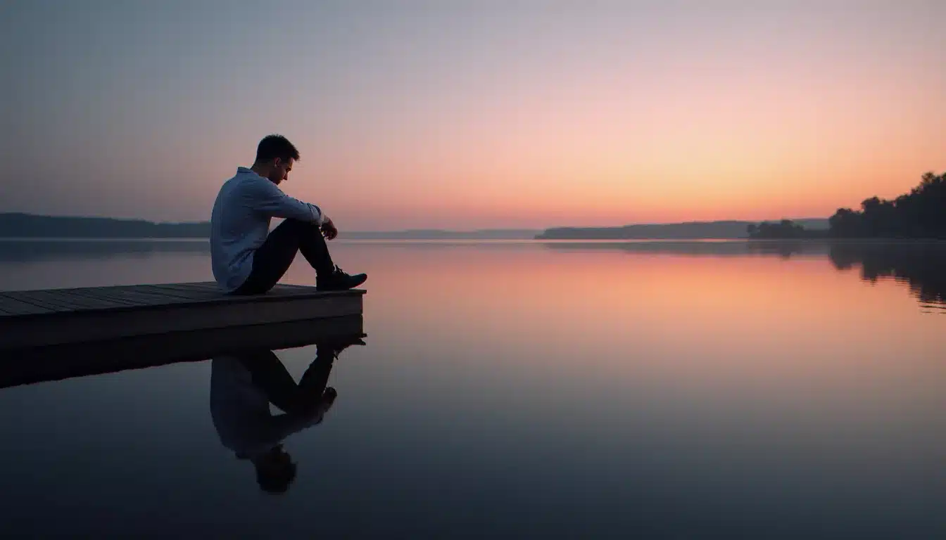 Homme seul assis au bord d'un lac au crépuscule, symbolisant l'isolement émotionnel et les blessures intérieures du runner dans une relation runner chaser